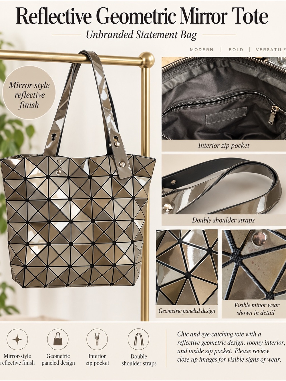 Reflective Geometric Mirror Tote in Metallic Taupe
